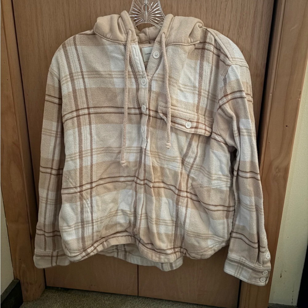 American Eagle Outfitters Plaid Hoodie Sweater - Cream and Brown